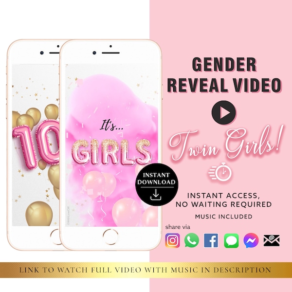 TWIN GIRLS Instant download Gender Reveal Video card digital announcement video | Email Text Social Media Balloon Countdown Firework