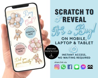 BOY Instant download Gender Reveal Digital Scratch card digital announcement | Email Text Social Media Teddy Bear Balloons