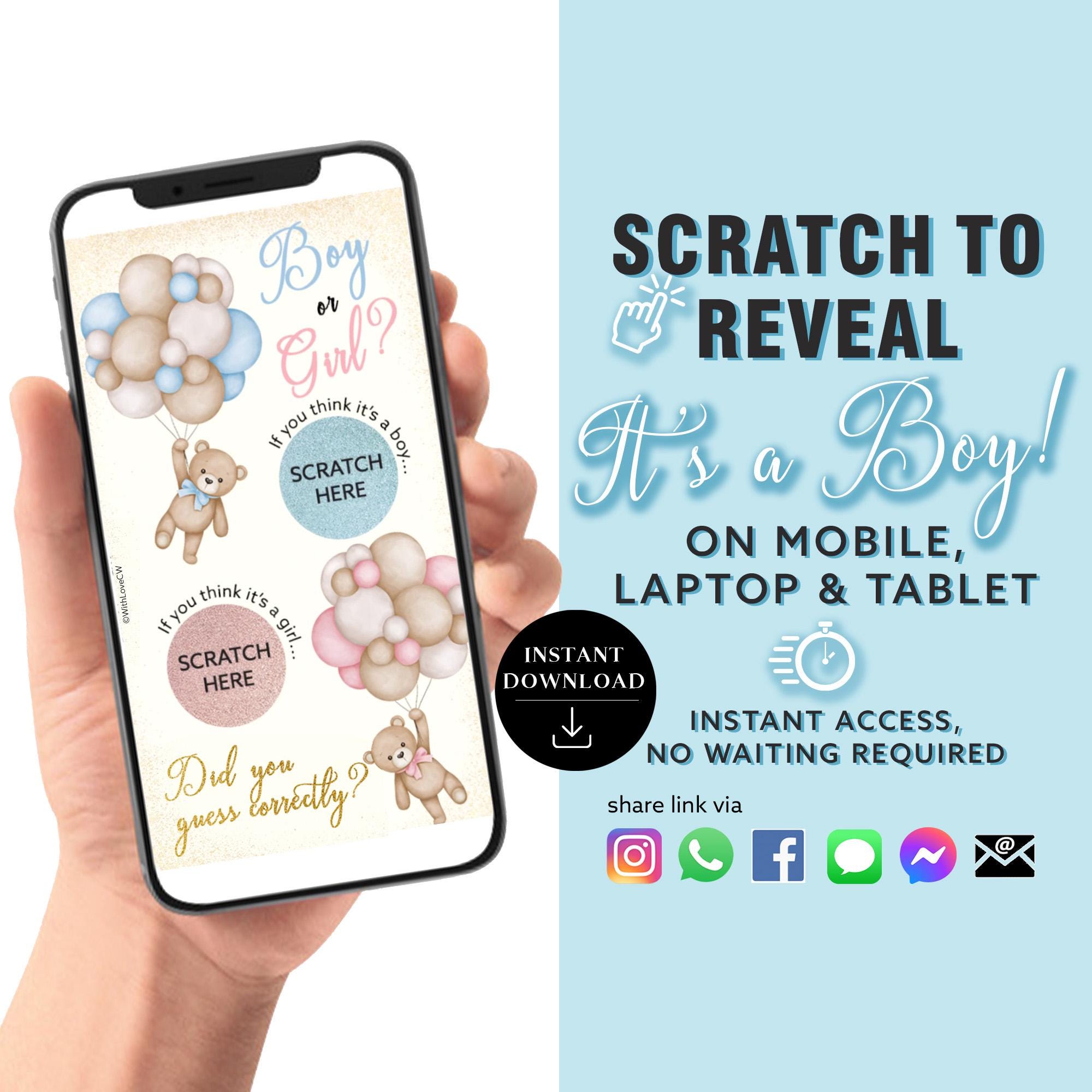 BOY Instant download Gender Reveal Digital Scratch card digital announcement | Email Text Social Media Teddy Bear Balloons