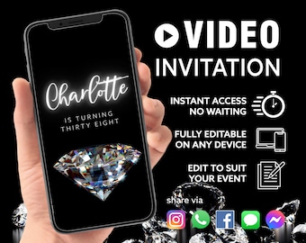ANY TEXT Video Invitation, Diamond Theme Party, Diamond Video, Evite, Birthday Party | Canva Self Edit Video Instant Download