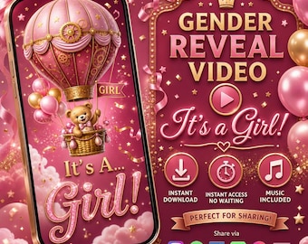Royal Teddy Bear Hot Air Balloon Gender Reveal Video, Its A Girl Adventure Awaits Baby Announcement - Virtual Instant Download