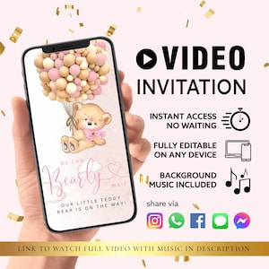 N'IMPORTE QUEL TEXTE Invitation de fête de naissance | Baby shower rose avec montgolfières pour bébé fille | Thème ours | Téléchargement instantané de la vidéo auto-éditable Canva