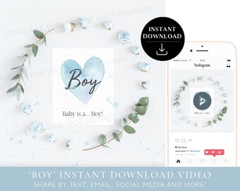 Instant download Gender reveal video It's a Boy! Video card digital pregnancy announcement video for social media | Roses Eucalyptus