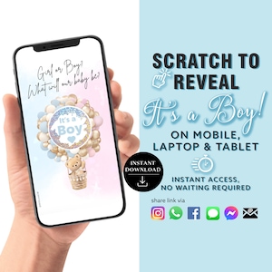 GARÇON Annonce numérique de carte à gratter numérique Gender Reveal à téléchargement immédiat | E-mail, texte, médias sociaux, ballon nounours