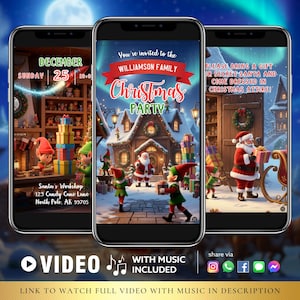 Puede incluir: Tres teléfonos inteligentes que muestran una invitación a una fiesta de Navidad. El teléfono central muestra una casa festiva con Papá Noel y elfos. El teléfono de la izquierda muestra el taller de Papá Noel. El teléfono de la derecha muestra a Papá Noel con regalos. El texto incluye "Christmas Party" y "Video con música incluida."