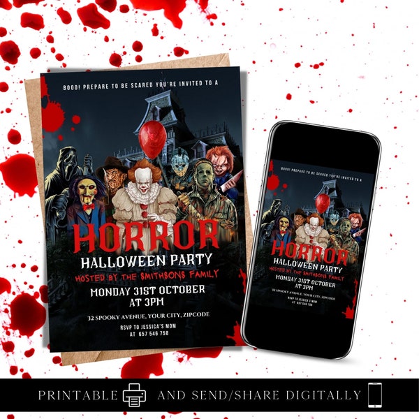 ANY TEXT Halloween Horror Party Invitation, Clown Zombie Movie Character Digital and Printable Invite Editable Template | Instant Download