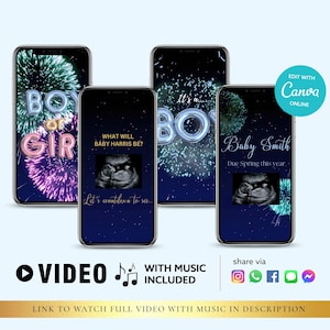 CUALQUIER TEXTO NIÑO Descarga instantánea Tarjeta de video de revelación de género Video de anuncio digital / Correo electrónico Texto Redes sociales Fuegos artificiales Canva Autoedición