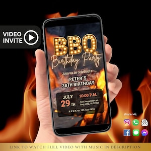 May include: A digital invitation for a BBQ birthday party. The invitation features a glowing neon sign that says "BBQ Birthday Party". The invitation is set against a background of flames and includes the date, time, and location of the party. The text on the invitation reads "Join us to celebrate Peter's 38th Birthday. July 29th, 10:00 PM, 123 Anywhere St, Any City, St 12345. RSVP to: 123-456-7890."