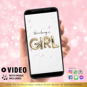 NIÑA Descarga instantánea Vídeo de revelación de género ¡Es una niña! Tarjeta de vídeo Vídeo digital de anuncio de embarazo para redes sociales / Globos de confeti