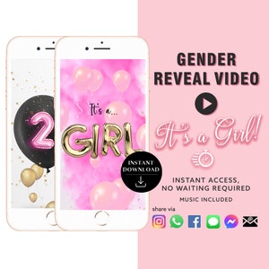 GIRL Descarga instantánea Gender Reveal Tarjeta de video anuncio digital video / Correo electrónico Texto Redes sociales Globo Cuenta regresiva Humo