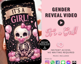 Girl Gender Reveal Video, Halloween Skeleton Baby Announcement, Pink-o-ween Reveal Evite, Spooky Gender Reveal Party - Instant Download