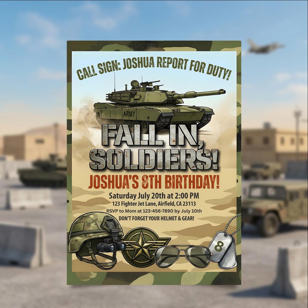 Army Tank Birthday Invite, Soldier Party Invitation, Elite Combat ...