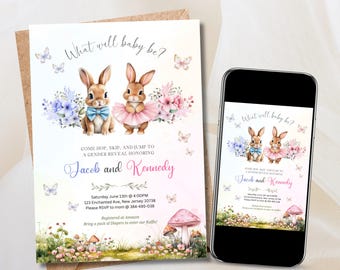 Puede incluir: Una invitación de revelación de género con dos conejitos de acuarela, uno con pajarita azul y otro con tutú rosa. El texto dice "What will baby be?" e invita a los invitados a una revelación de género para Jacob y Kennedy.