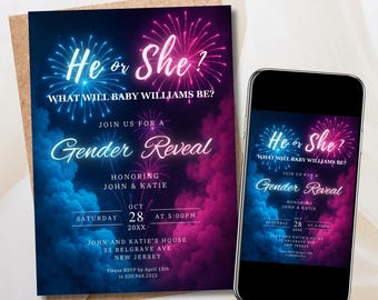 JEDER TEXT Feuerwerk Rosa Blau Rauch Baby Gender Reveal Einladungskarte | Selbst bearbeiten Sofortdownload