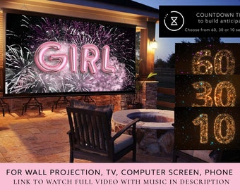 Gender reveal video It's a Girl! Video digital announcement movie | Wall projection and instant messaging |  Countdown Clock Timer Fireworks