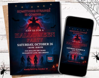 May include: A Halloween party invitation with a dark blue background, featuring the text "Something Strange Is Coming..." and "Halloween Party." The invitation includes the date, time, and location. A smartphone displays the same invitation.