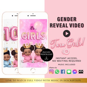 TWIN GIRLS Descarga instantánea Gender Reveal Tarjeta de vídeo anuncio digital video / Correo electrónico Texto Redes sociales Globo Cuenta regresiva Fuegos artificiales