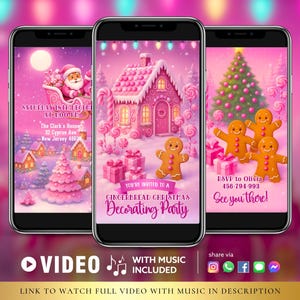 May include: Three smartphones displaying a pink Christmas-themed invitation. The invitations feature Santa in a sleigh, a gingerbread house, and gingerbread men. Text includes party details and "Gingerbread Christmas Decorating Party."