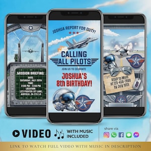 Könnte beinhalten: Drei Smartphones, die eine thematische Einladung zu einer Geburtstagsfeier anzeigen. Die Einladung zeigt Kampfflugzeuge, Pilotenhelme und den Text "Calling All Pilots" und "Joshua's 8th Birthday!" Der Hintergrund ist ein blauer Himmel mit Wolken.