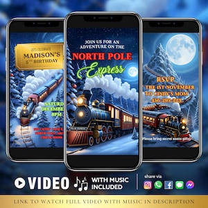 Puede incluir: Tres smartphones que muestran una invitación con temática invernal para una fiesta de cumpleaños. Las invitaciones presentan ilustraciones de un tren, árboles cubiertos de nieve y el texto "North Pole Express". La invitación incluye el texto "Madison's 5th Birthday".