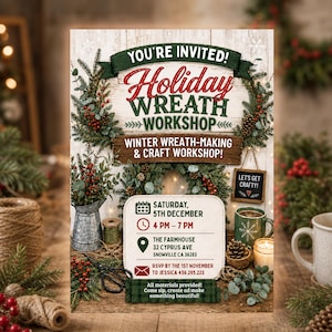 May include: A flyer for a Holiday Wreath Workshop featuring text that reads You're Invited! Holiday Wreath Workshop, Winter Wreath-Making & Craft Workshop, Saturday 5th December, 4 PM-7 PM, The Farmhouse 32 Cyprus Ave Snowville CA 36283.