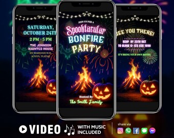 Editable Spooky Bonfire Halloween Party Invitation | Jack O Lantern Pumpkin Fireworks Video Invite Digital | Instant Download