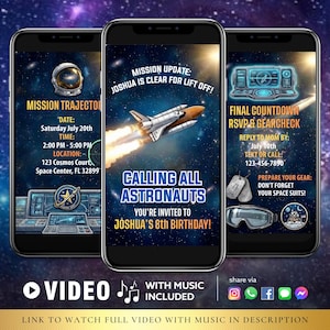 May include: Three smartphones displaying an invitation for Joshua's 8th birthday party. The space-themed design includes a rocket, astronaut helmet, and the text "Calling All Astronauts". The invitation includes date, time, and location.