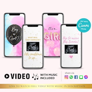 TOUT TEXTE FILLE Vidéo d'annonce numérique pour carte vidéo Gender Reveal | Téléchargement instantané de la vidéo auto-éditable Canva