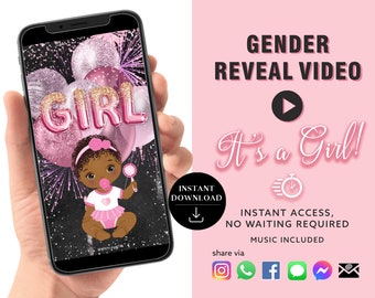 GIRL Instant download Gender Reveal Video card digital announcement video | Email Text Social Media Balloon Countdown Fireworks