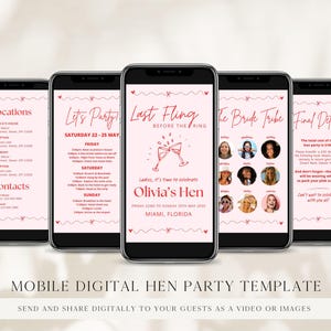 Puede incluir: La pantalla de un teléfono móvil que muestra una plantilla digital para una despedida de soltera con fondo rosa y texto rojo. La plantilla incluye secciones para ubicaciones, contactos, un cronograma de eventos, una lista de la tribu de la novia y detalles finales. El texto incluye las frases "Let's Party" y "Last Fling Before the Ring".