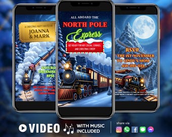 Invitación de video de tren navideño / Tema navideño exprés / Descarga instantánea / Invitación festiva para niños (Canva, editable, descarga instantánea)