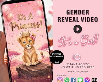 Gender Reveal Video Royal Lion Theme Girl Baby Announcement - Virtual Instant Download