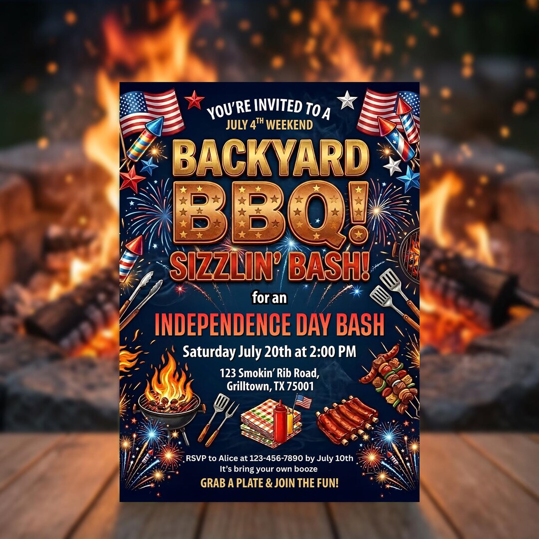 4th of July BBQ Invitation, Patriotic Independence Day Party Invite ...