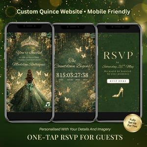 Custom Quince Website – Quinceañera Dress Save the Date Invite, Music, RSVP & Countdown Timer  - Emerald Green Enchanted Princess Q002