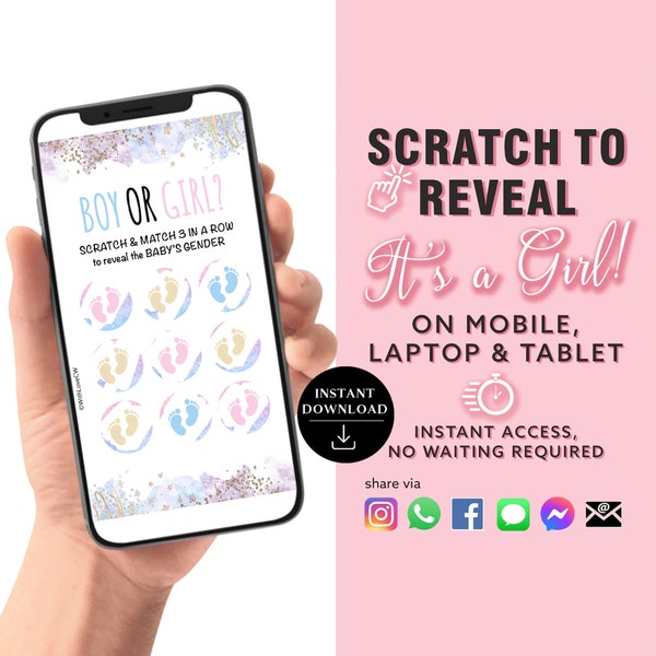 Girl Gender Reveal Digital Scratch Card, Glitter Clouds Stars 3 In A Row Game, Smartphone Text Message Reveal Announcement