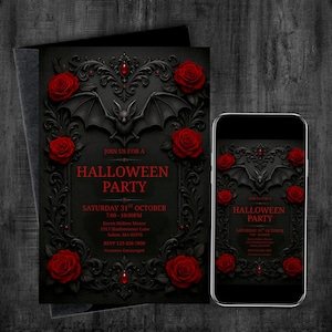 May include: Black Halloween party invitation with red roses, a bat, and ornate scrollwork. The invitation includes the text "Join us for a Halloween Party" and event details. A smartphone displays the same design.
