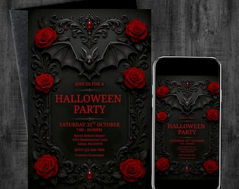 May include: Black Halloween party invitation with red roses, a bat, and ornate scrollwork. The invitation includes the text "Join us for a Halloween Party" and event details. A smartphone displays the same design.