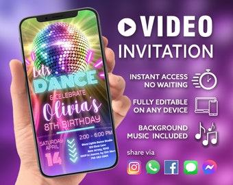 Disco Dance Party | Birthday Video Invite | Rainbow Neon Lights | 70's Retro Disco  | Custom Editable Video Template | Instant Download