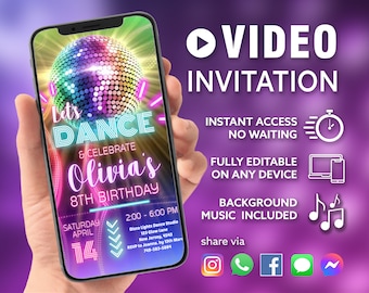 Disco Dance Party | Birthday Video Invite | Rainbow Neon Lights | 70's Retro Disco  | Canva Self Edit Video Instant Download