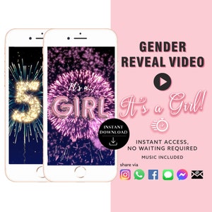 FILLE Vidéo d'annonce numérique pour carte vidéo Gender Reveal | Feu d'artifice du compte à rebours des ballons sur les réseaux sociaux
