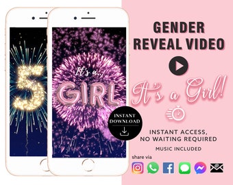 GIRL Instant download Gender Reveal Video card digital announcement video | Email Text Social Media Balloon Countdown Firework