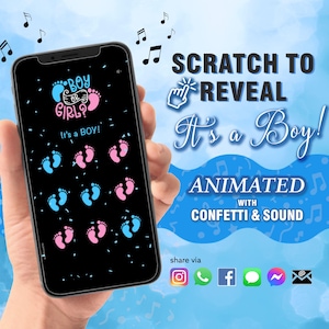 BOY Accesso immediato Annuncio digitale con gratta e vinci per rivelare il sesso del bambino Coriandoli animati con effetti sonori / Testo e-mail Social media