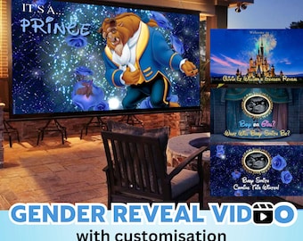 Puede incluir: Una plantilla de vídeo digital para revelación de género con una pantalla de proyección que muestra a la Bestia de La Bella y la Bestia con rosas azules y el texto IT'S A PRINCE, junto a paneles de vista previa con un castillo y ecografía.