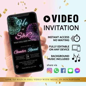 ANY TEXT Gender Reveal Video Invitation, Pink Blue Fireworks Video, Evite | Custom Editable Video Template | Instant Download