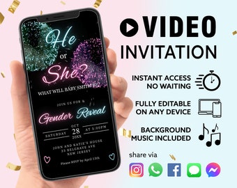 ANY TEXT Gender Reveal Video Invitation, Pink Blue Fireworks Video, Evite | Custom Editable Video Template | Instant Download