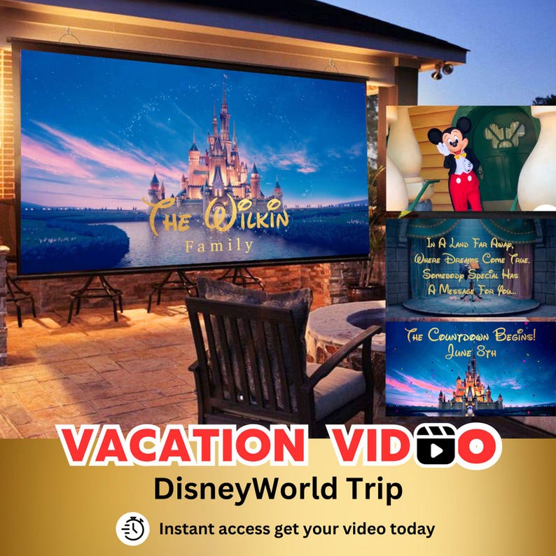 May include: A digital video montage of a family's trip to Disney World. The video features images of Cinderella's Castle, Mickey Mouse, and the text "The Wilkin Family". The video is titled "Vacation Video DisneyWorld Trip" and includes a play button icon.