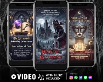 Gothic Castle Cat Video Invitation, Haunted Gathering Animated Evite, Dark Academia Victorian Horror Party, Canva Editable Template