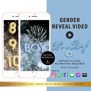 BOY Descarga instantánea Gender Reveal Tarjeta de video anuncio digital video / Correo electrónico Texto Redes sociales Globo Cuenta regresiva Fuegos artificiales