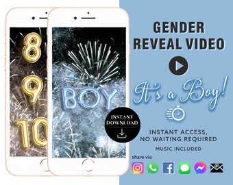 GARÇON Téléchargement instantané Gender Reveal Video card annonce numérique vidéo | Feu d'artifice de compte à rebours de ballon de médias sociaux