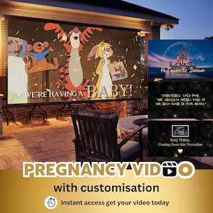 May include: A Winnie the Pooh themed pregnancy announcement video with a projector displaying the characters Winnie the Pooh, Piglet, and Tigger. The text "We're having a baby!" is displayed on the screen. The video is titled "Pregnancy Video with customization" and includes the text "Instant access get your video today".